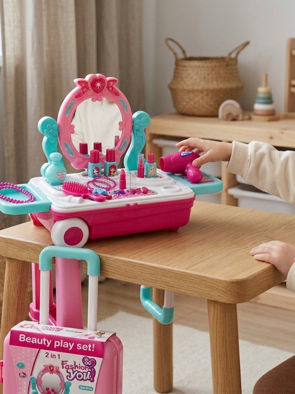Kids Vanity Makeup Table Pretend Play Set, Princess Beauty Salon Toy with Mirror - Picture 2 of 10